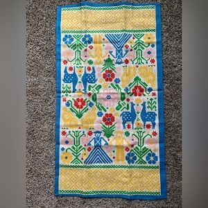 Vintage Fallani & Cohn Tea Towel-Amish or Aztec? Flowers, Llamas, Birds, People